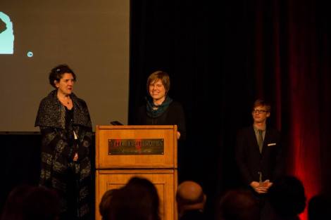 “Radical Grace” producer Nicole Bernardi-Reis and director Rebecca Parrish receive the Chicago Award at the Chicago International Film Festival. Courtesy of Timothy M. Schmidt.